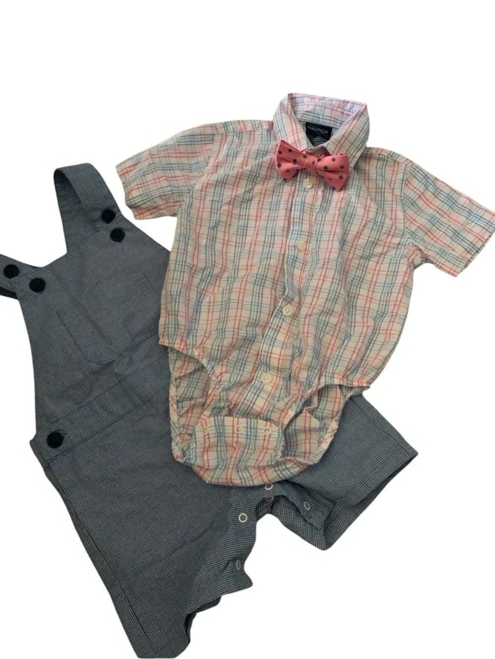 Nautica Kids Coral Bow Tie with Navy Accent and Blue Check Overalls Set